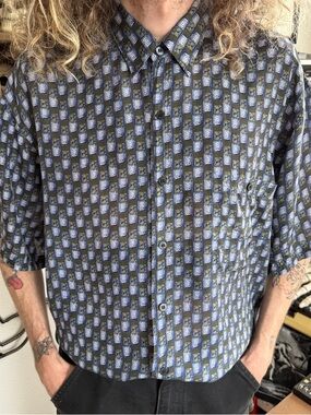 Vintage 90s Silk Bogari Abstract Geometric S/S Button Down ~ Size Large